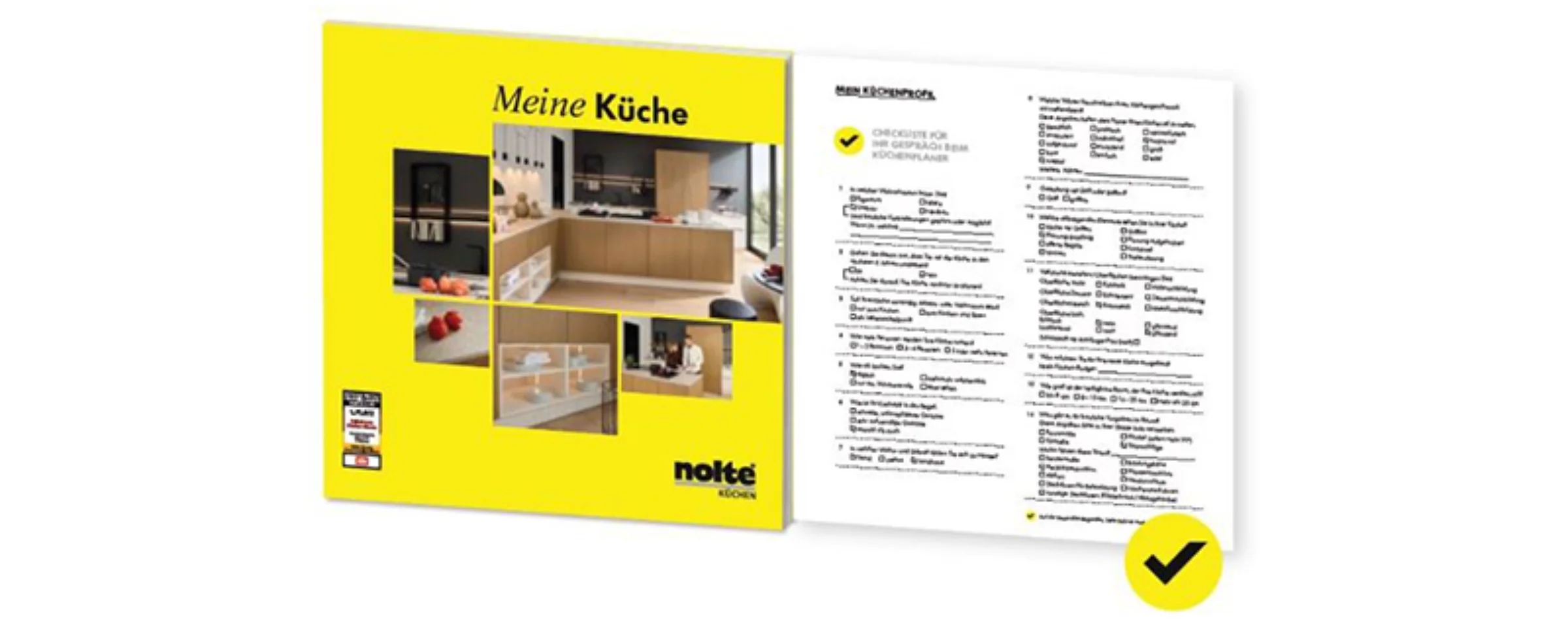 Eine Broschüre zeigt moderne Küchendesigns, mit dem Logo von Nolte Küchen.