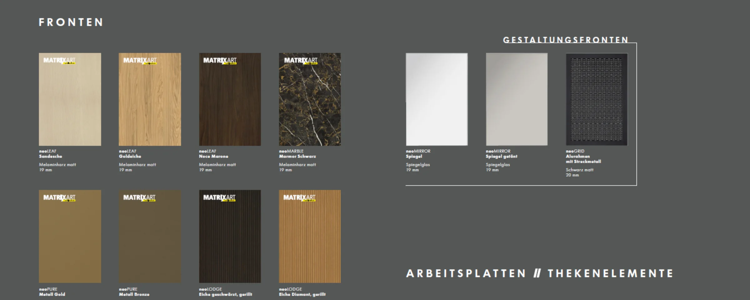 Verschiedene Fronten und Arbeitsplatten-Designs von Nolte Küchen.