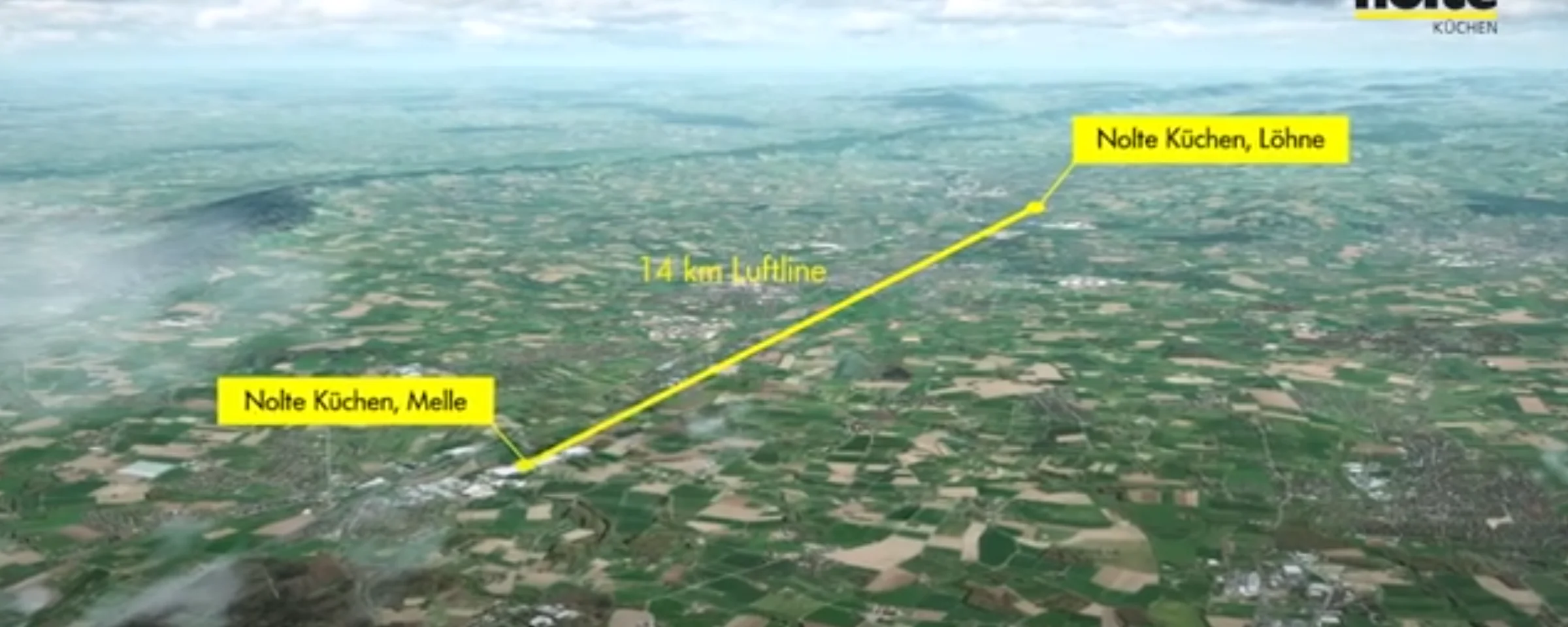 Luftaufnahme zeigt die Standorte von Nolte Küchen in Melle und Löhne, verbunden durch eine 14 km Luftlinie.