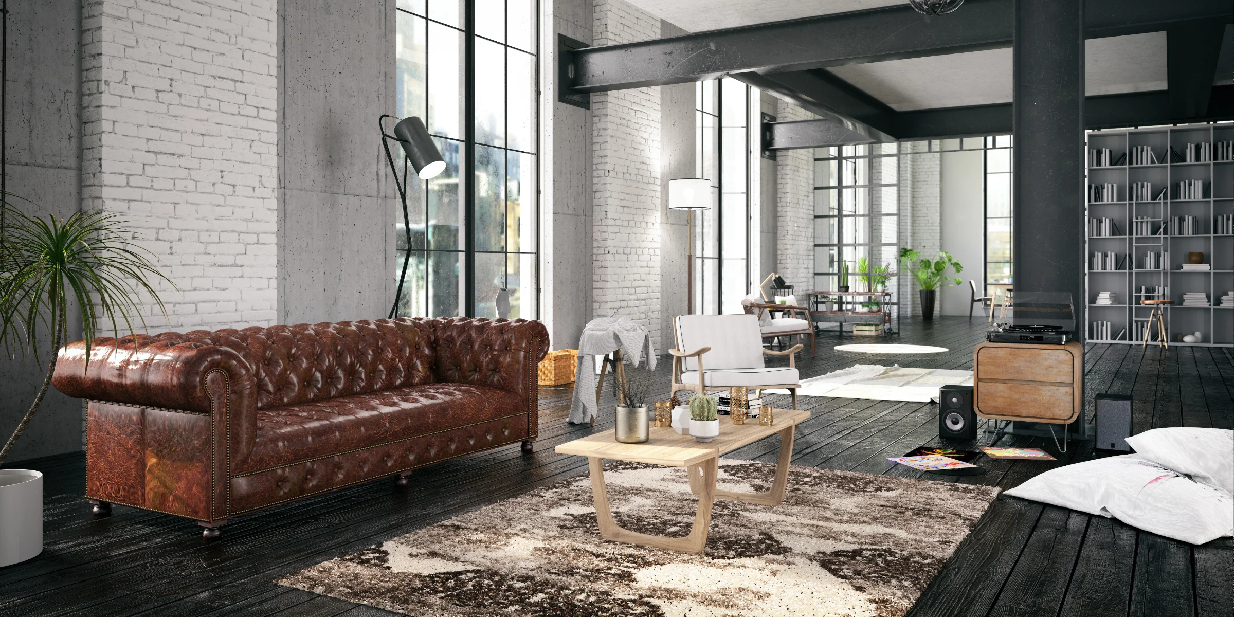 Un salon élégant avec canapé en cuir brun et tapis, aménagé de façon moderne par Nolte Living.