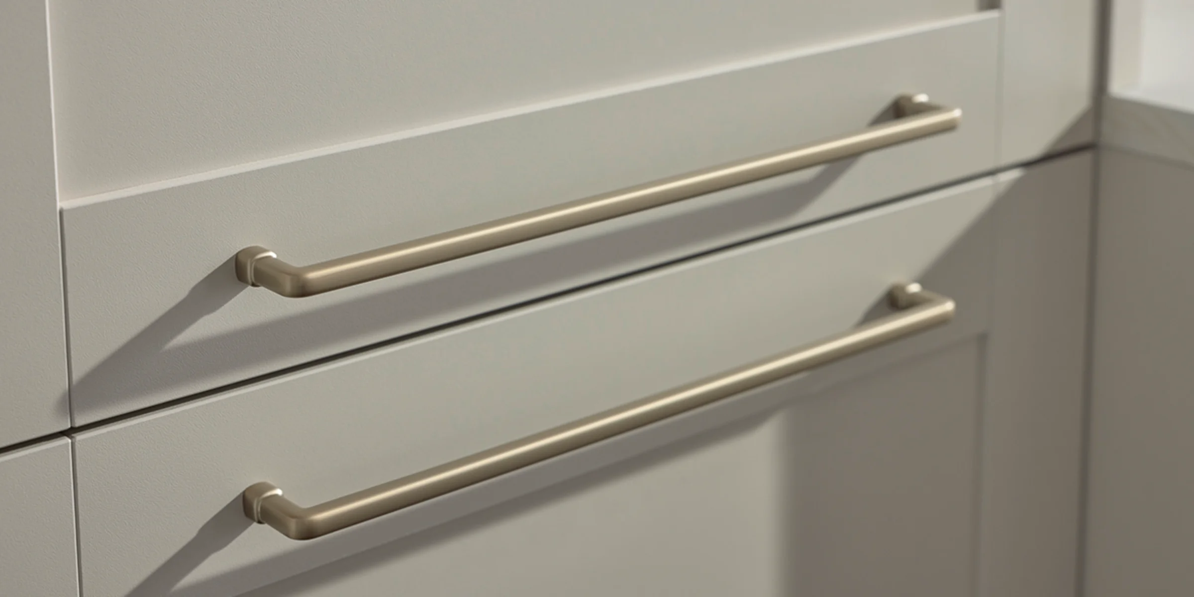 A kitchen cabinet with elegant, gold-colored handles. Nolte Küchen.