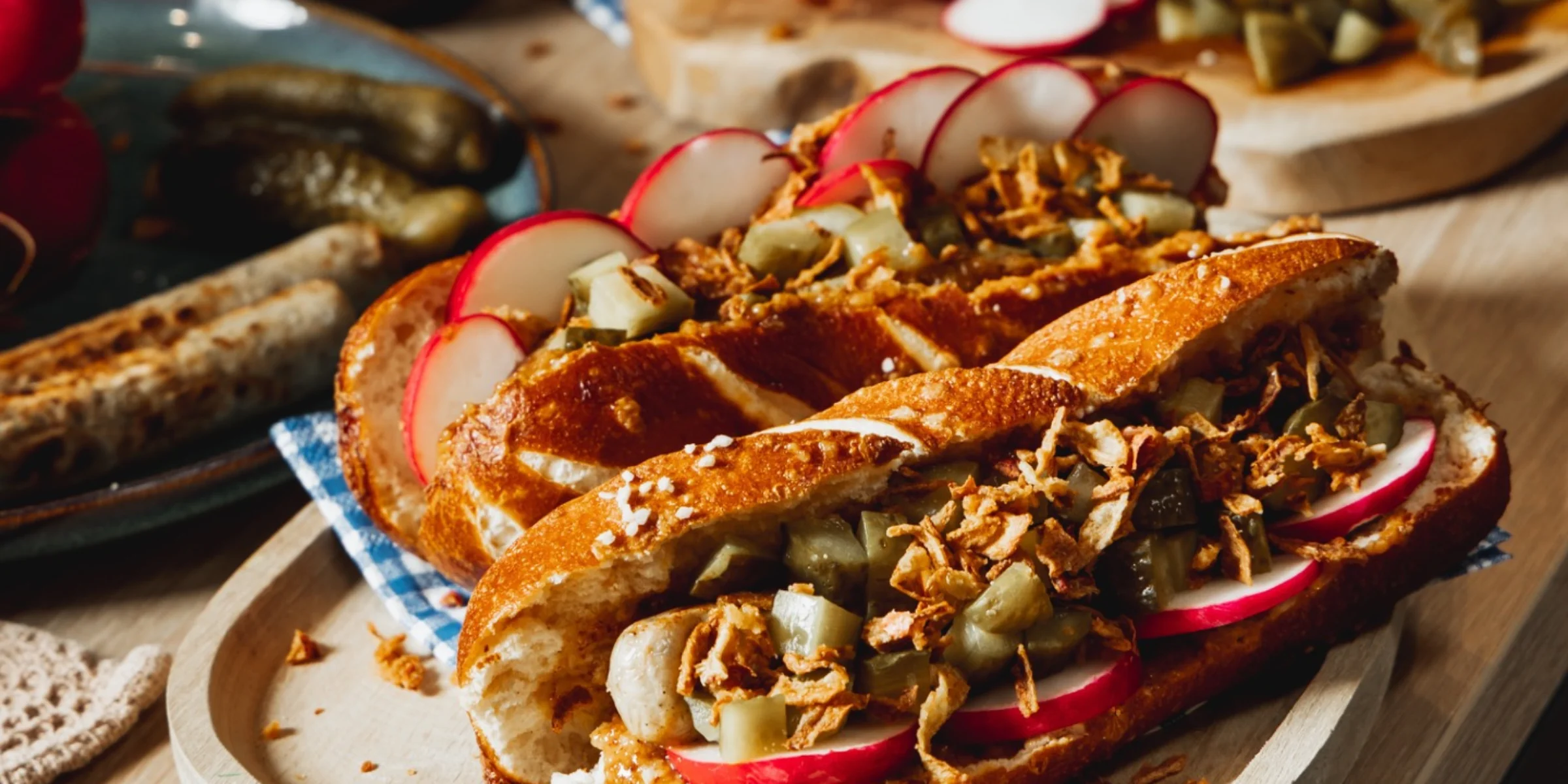 Hot Dog im Laugenbun mit Wurst, Radieschen, Gurkenstücken und Röstzwiebeln auf einem Holzbrett serviert.