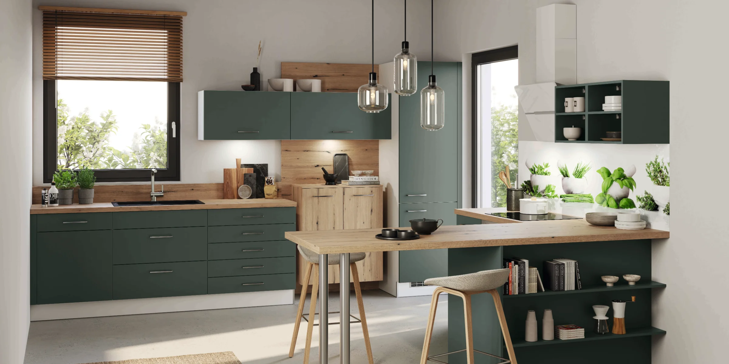 Eine moderne Küche mit grünen Schränken und Holzdetails ist zu sehen. Express Küchen.