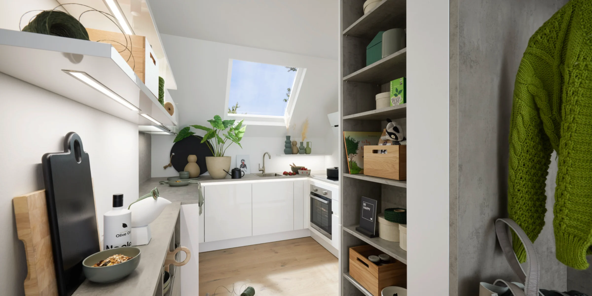 Une cuisine moderne avec des armoires blanches et un puits de lumière, conçue par Nolte Kitchen.