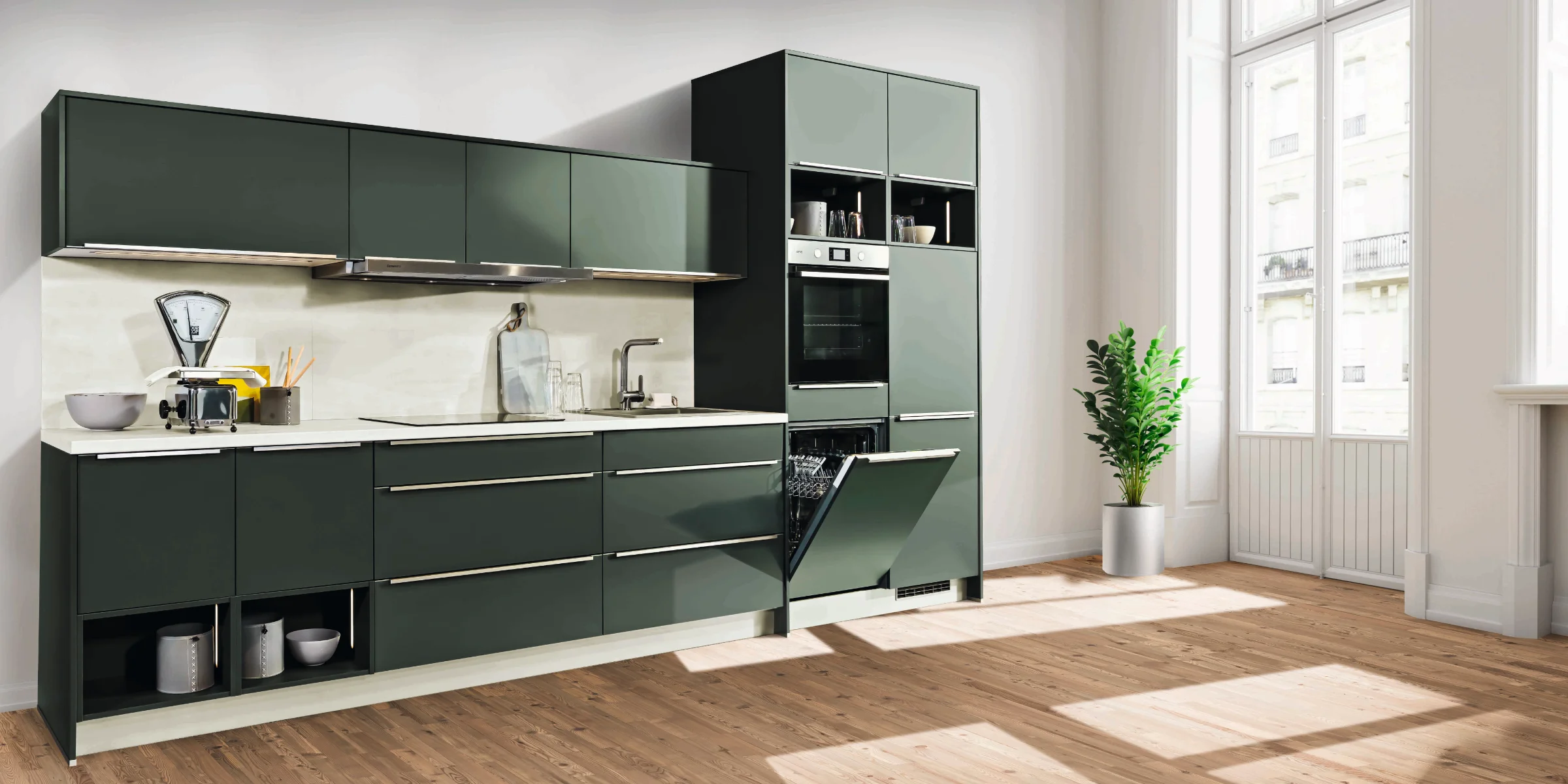 Eine moderne grüne Küche mit hellen Wänden und Holzfußboden von Express Küchen.