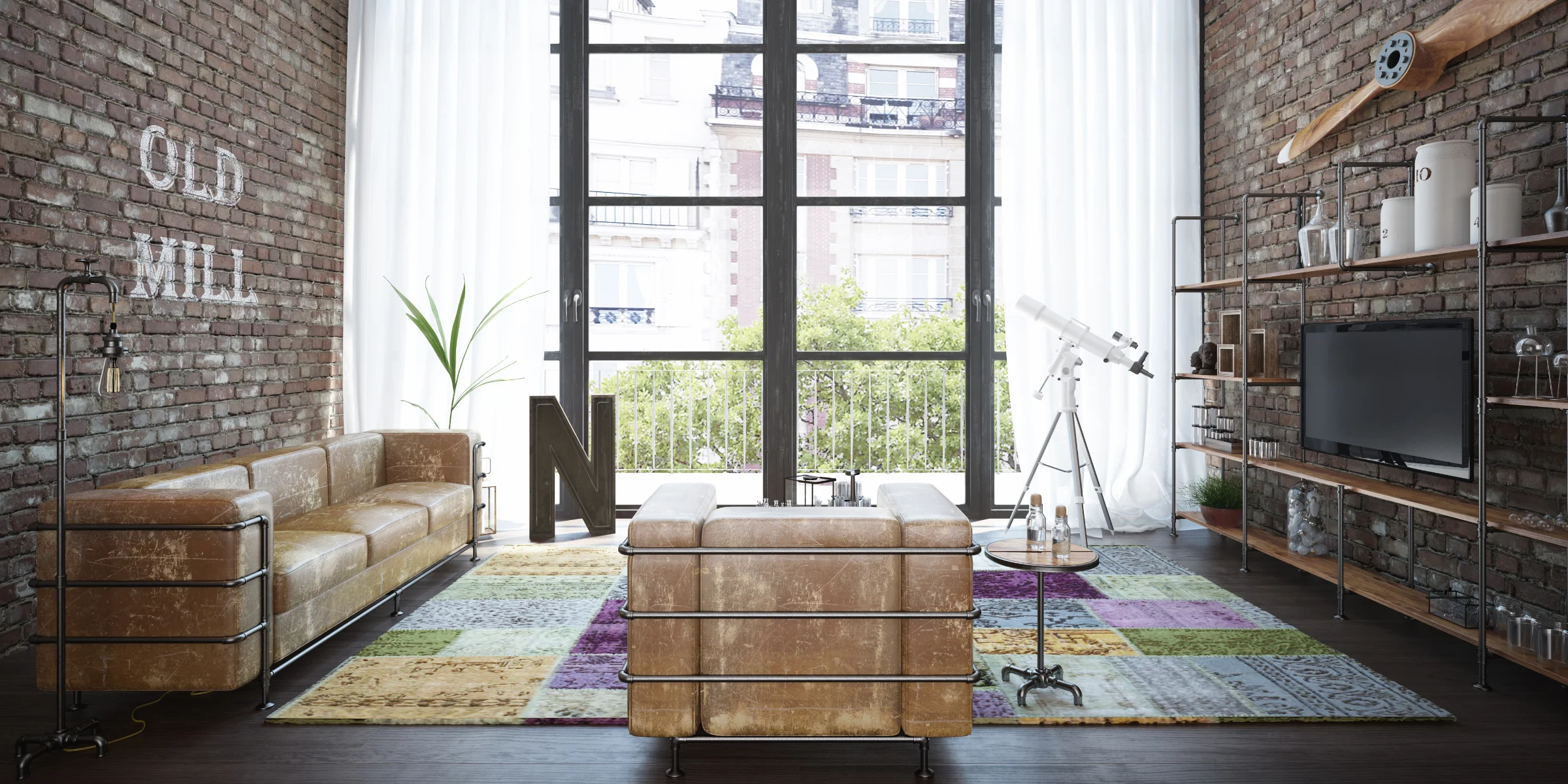 Un salon élégant avec murs en briques et meubles modernes, y compris Nolte Living.