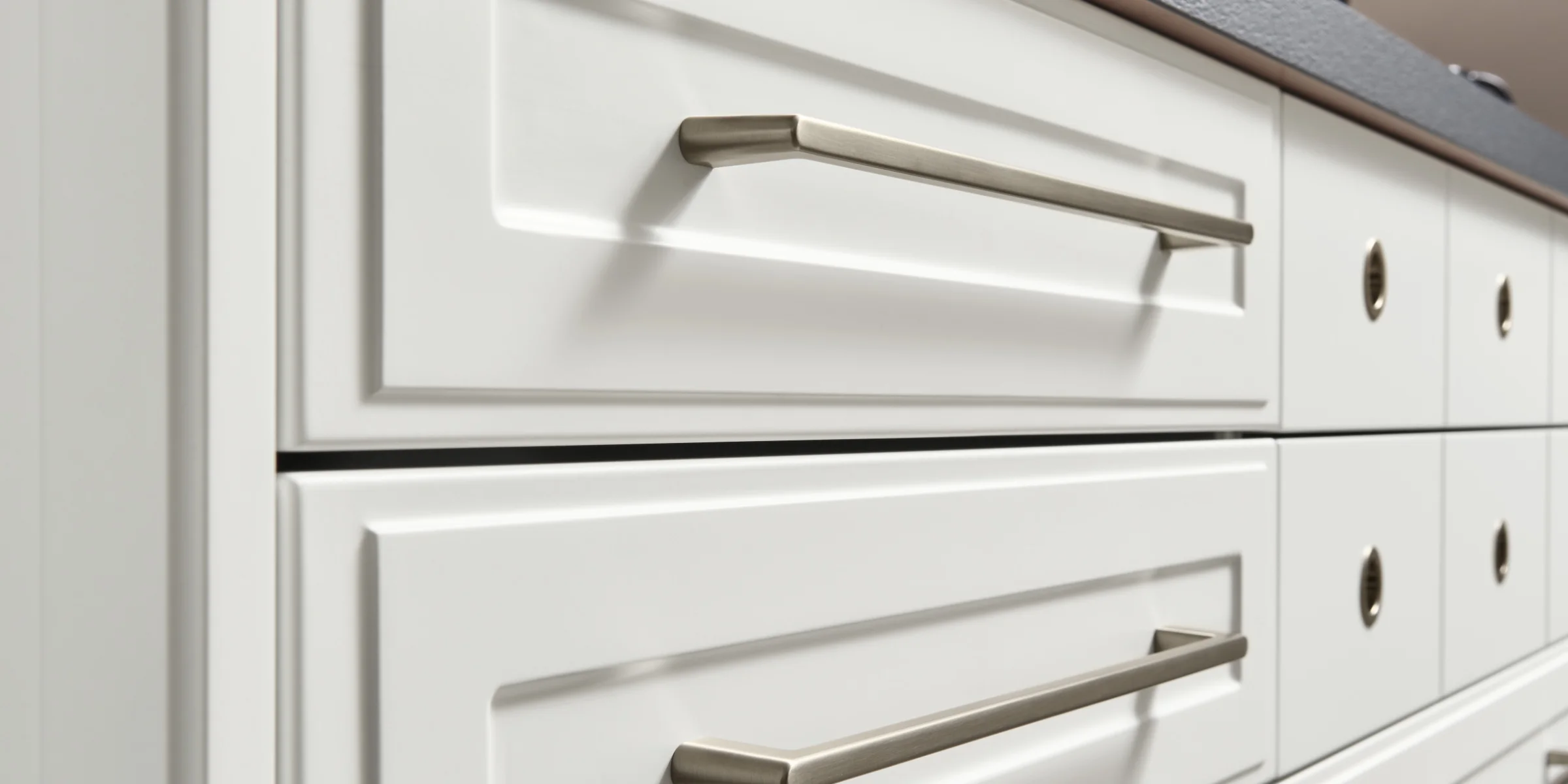 Weiße Küchenschränke mit modernen Griffen und dunkler Arbeitsplatte, Nolte Küchen.