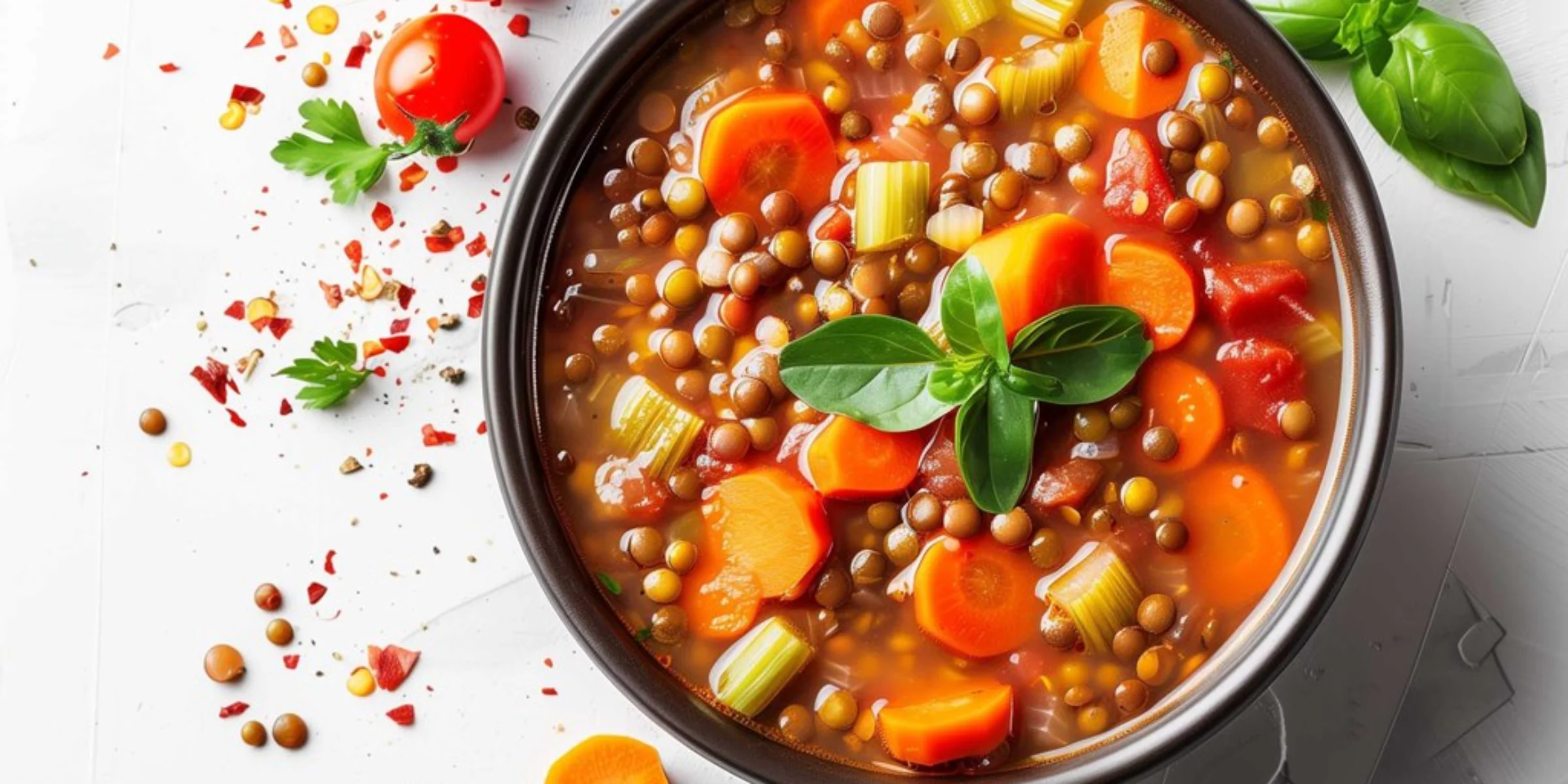 Ein Teller mit Linsensuppe, garniert mit frischen Kräutern, umgeben von Tomaten und Gewürzen.