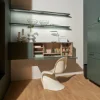 Ein stilvoller Arbeitsbereich mit grünem Schrank und Regal von Nolte Living.
