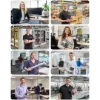 Menschen in verschiedenen Arbeitsumgebungen, lächelnd und mit Werkzeugen.