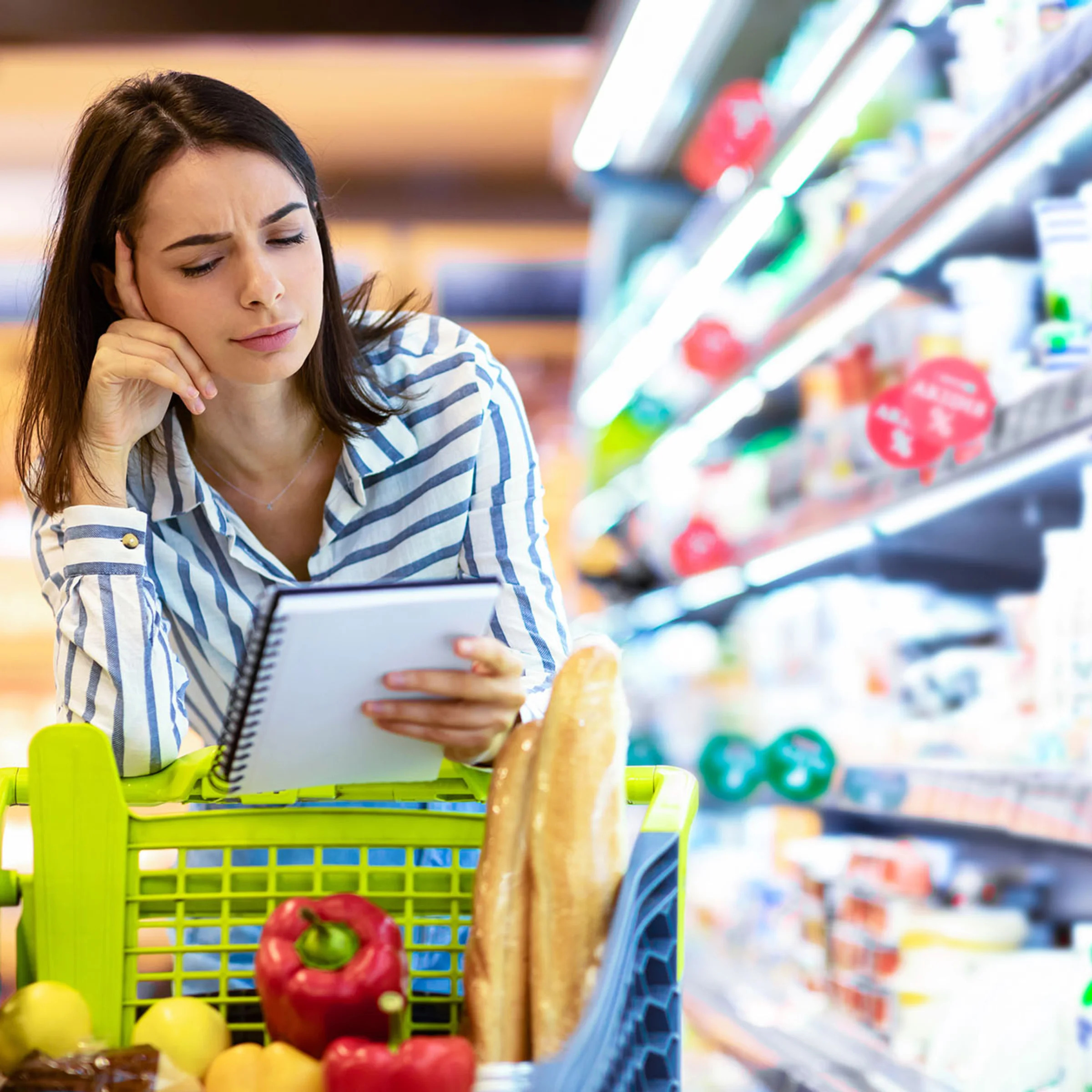 Eine Frau betrachtet nachdenklich eine Einkaufsliste im Supermarkt.
