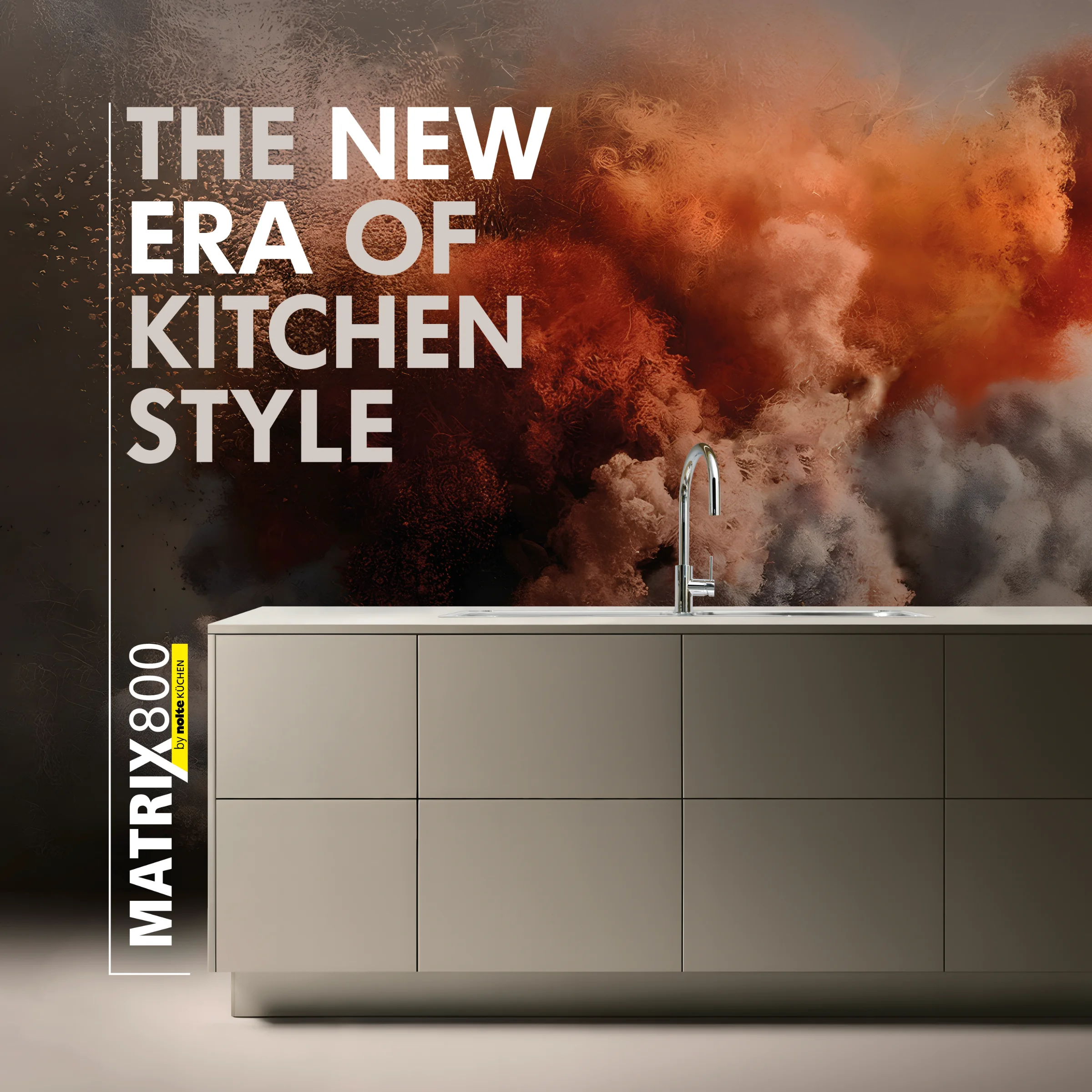 Eine moderne Kücheninsel vor einem Hintergrund aus buntem Rauch, Nolte Küchen.