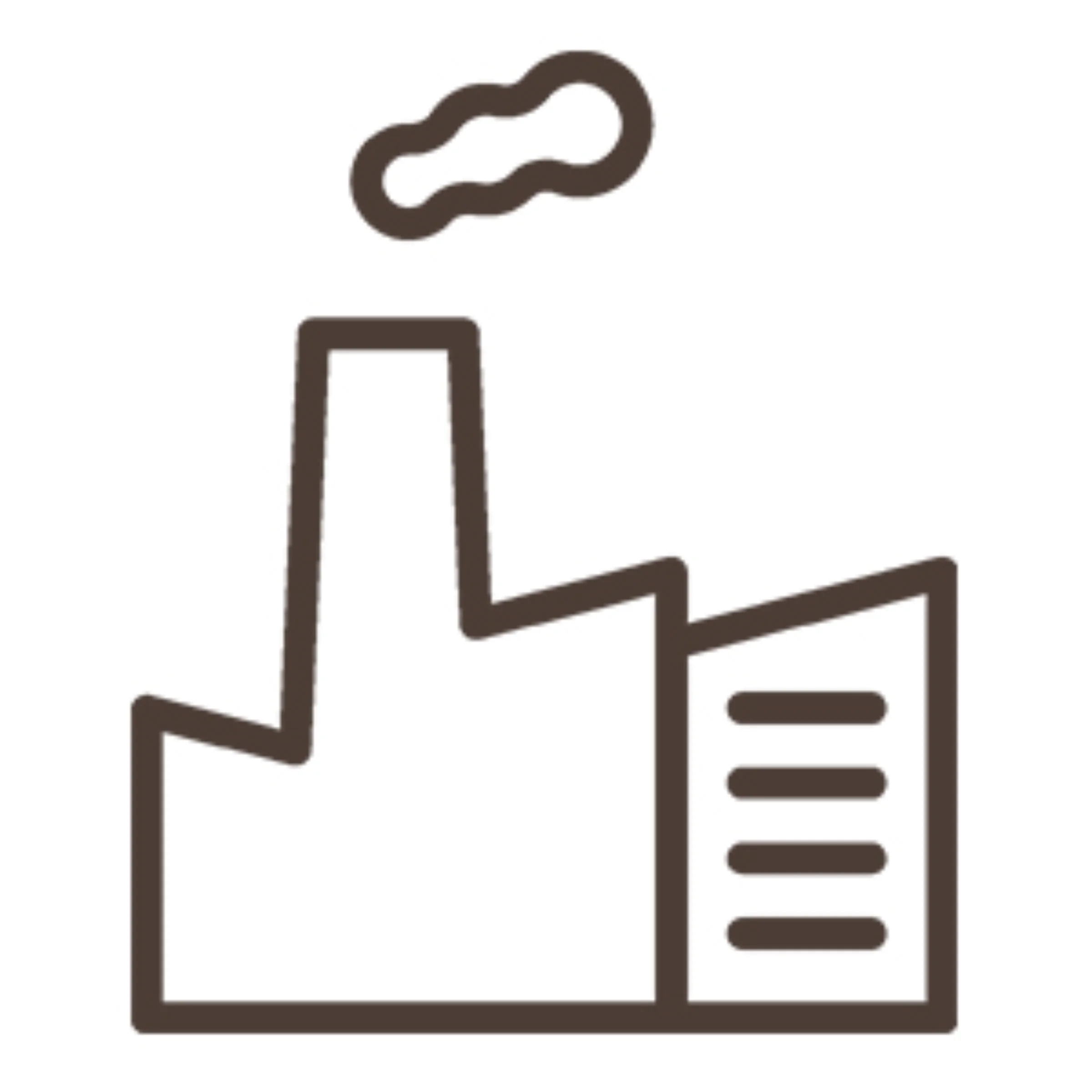 Ein stilisiertes Fabriksymbol mit Schornstein und Rauchwolke.