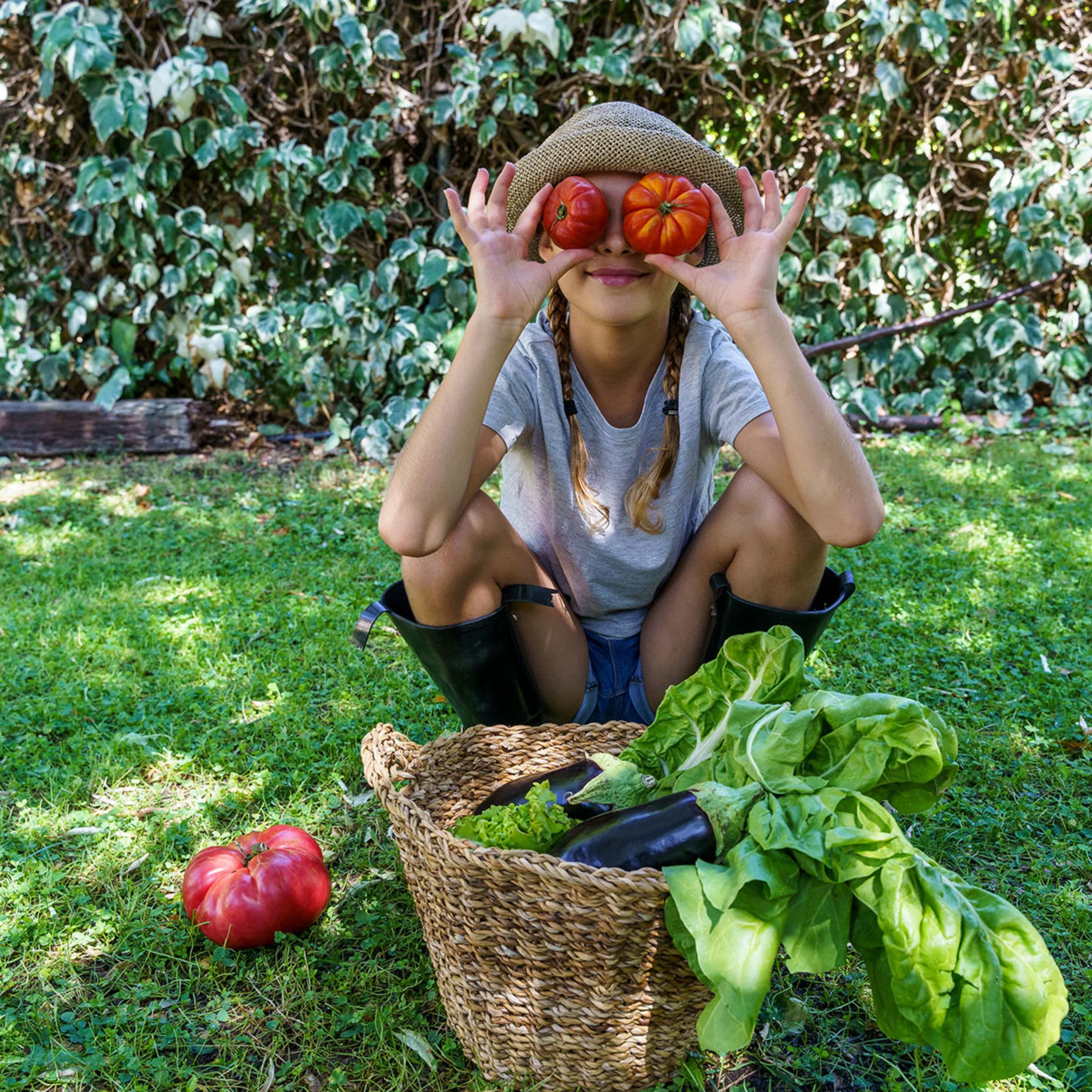 Eine Person hält Tomaten vor ihr Gesicht, sitzt im Garten neben einem Korb mit Gemüse.