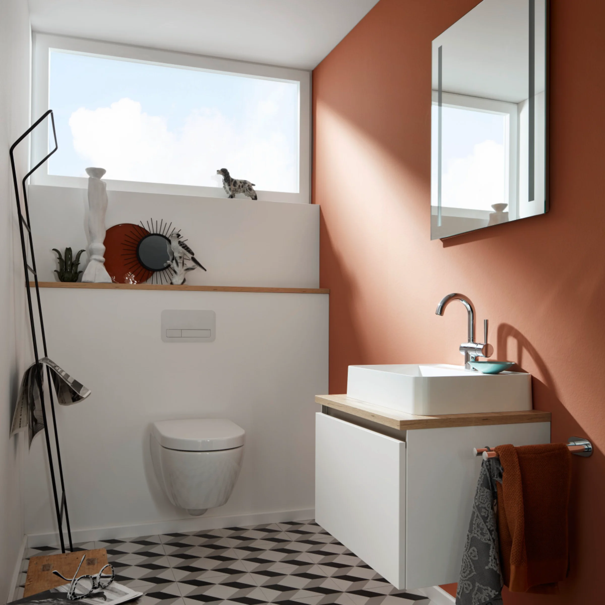 Ein modernes Badezimmer mit geometrischem Fliesenboden und Wandspiegel, Nolte SPA.