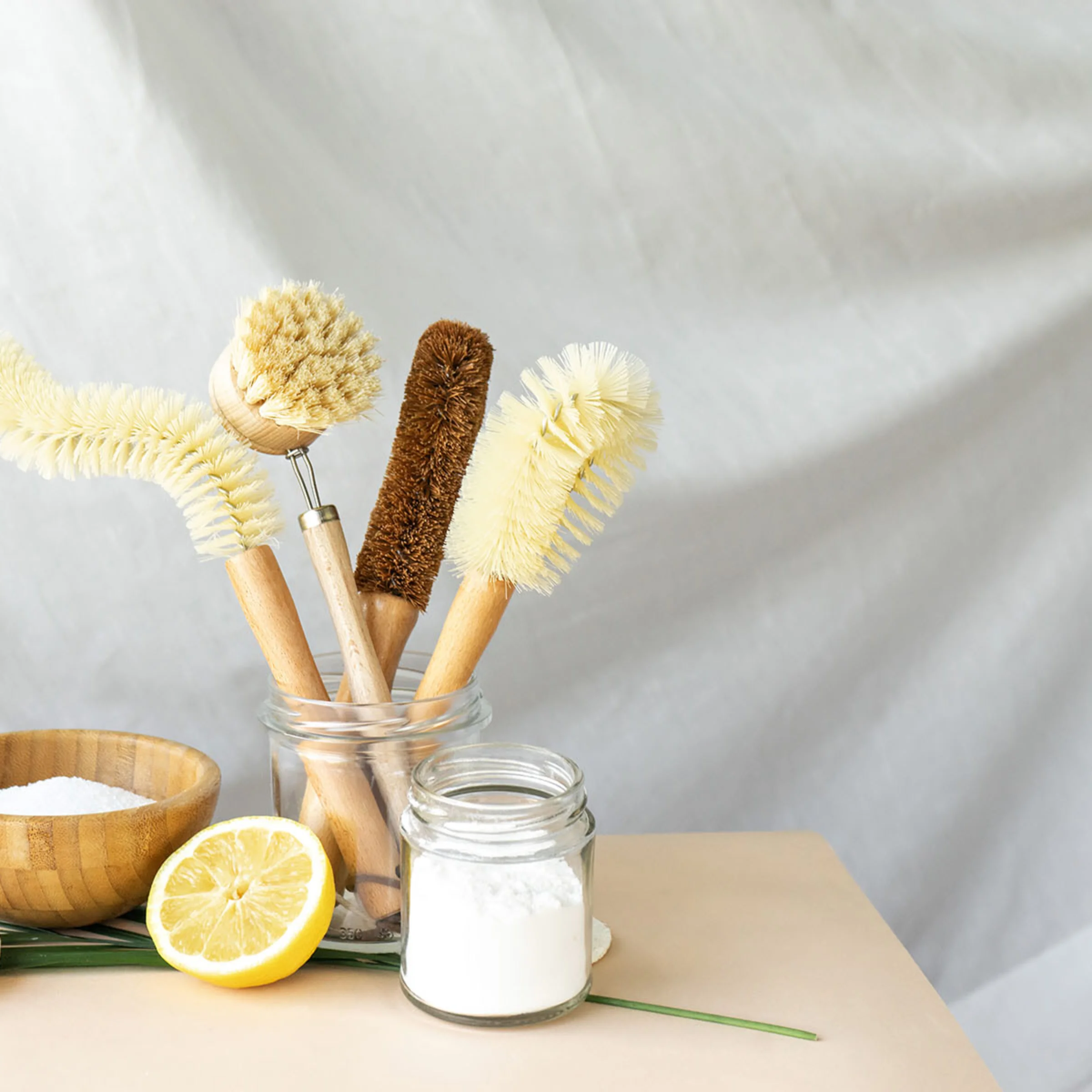 Natural cleaning brushes, half a lemon, and salt on a table.