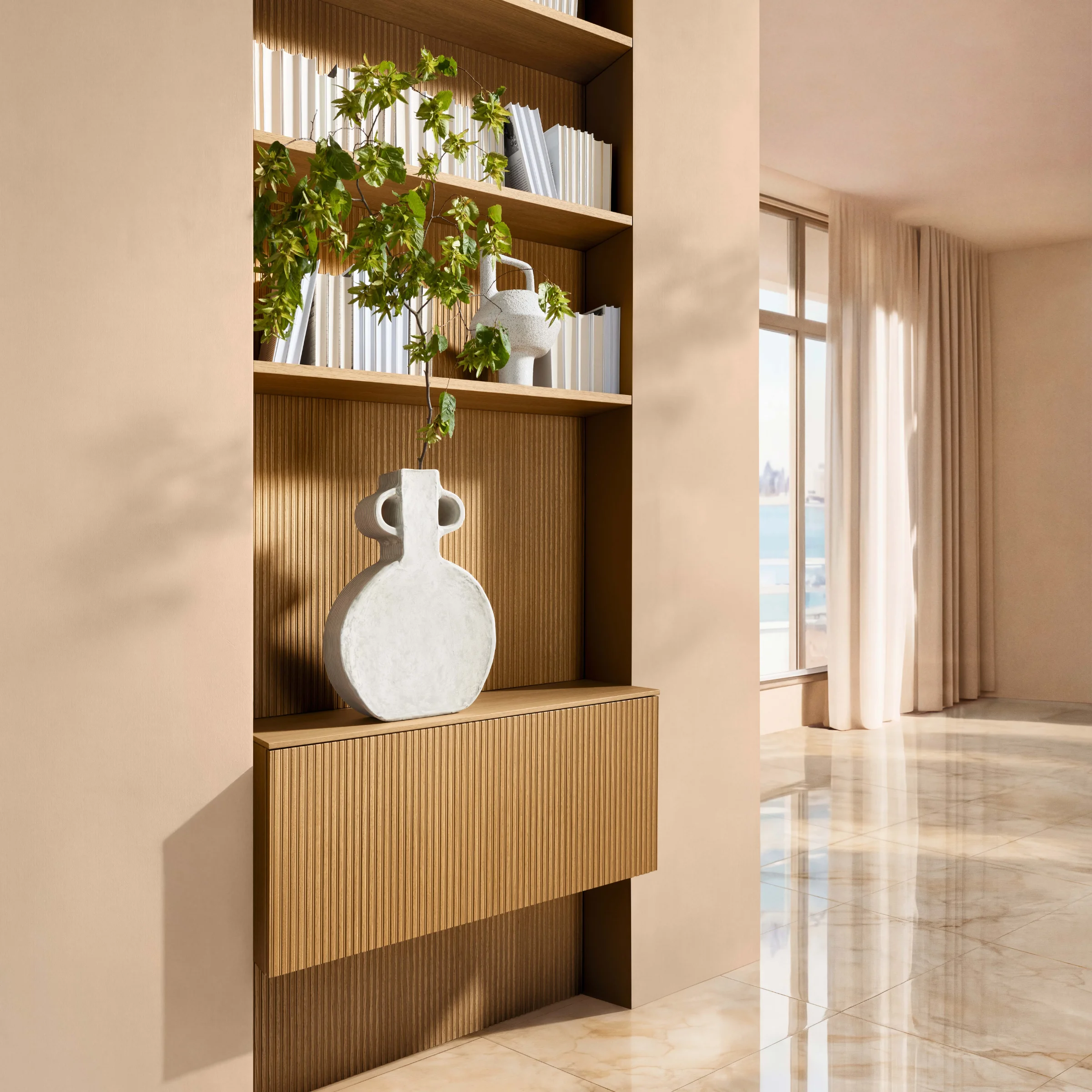 Ein stilvoller Raum mit Regal, Vase und Pflanzen. Nolte Living.