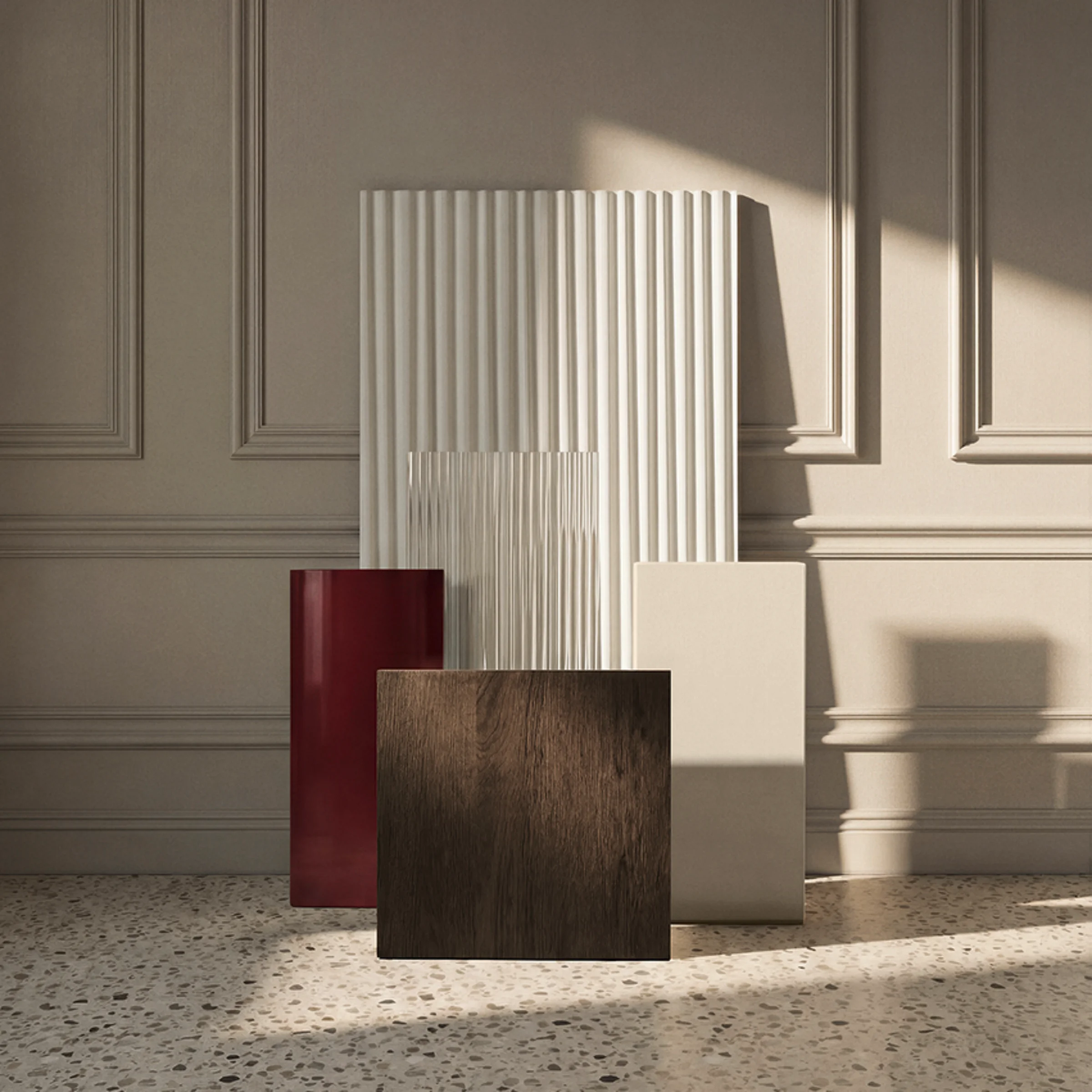 Ein exklusives Design aus verschiedenen Materialien steht im Sonnenlicht. NolteNeo.