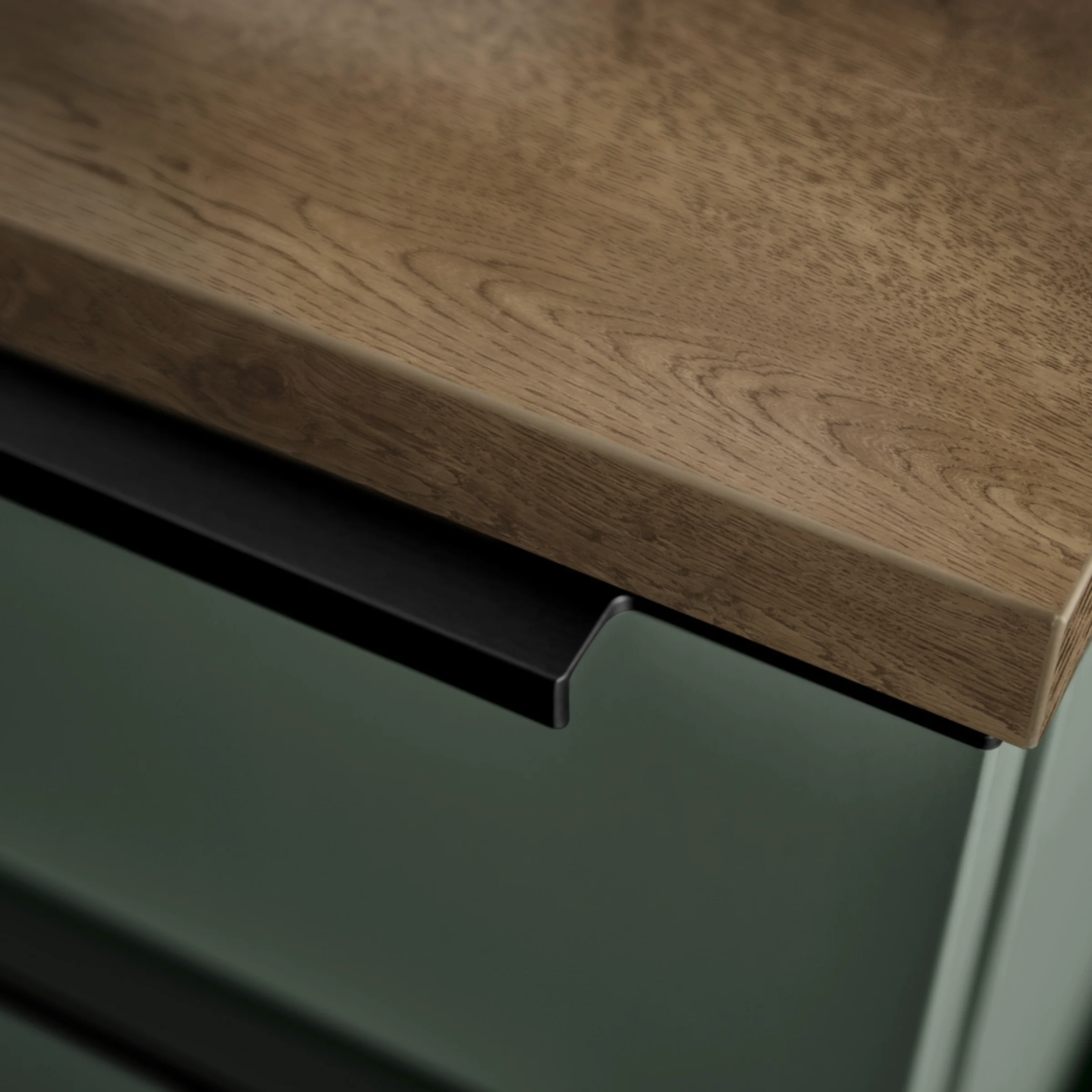 Eine Küchentheke mit Holzoberfläche und grünem Unterschrank, Nolte Küchen.