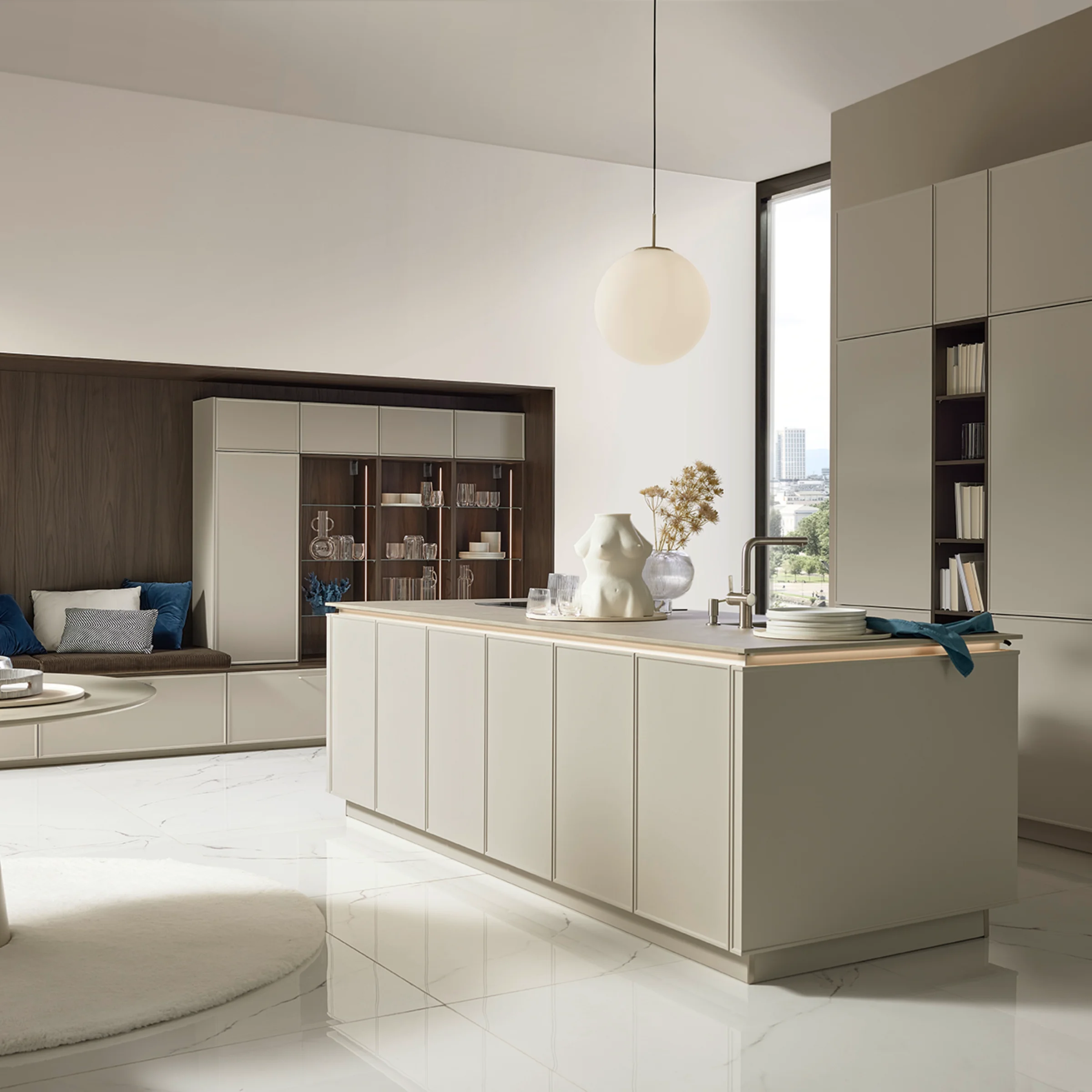 In der modernen Küche mit Insel und Sitzbereich spiegelt sich das elegante Design von Nolte Küchen wider.