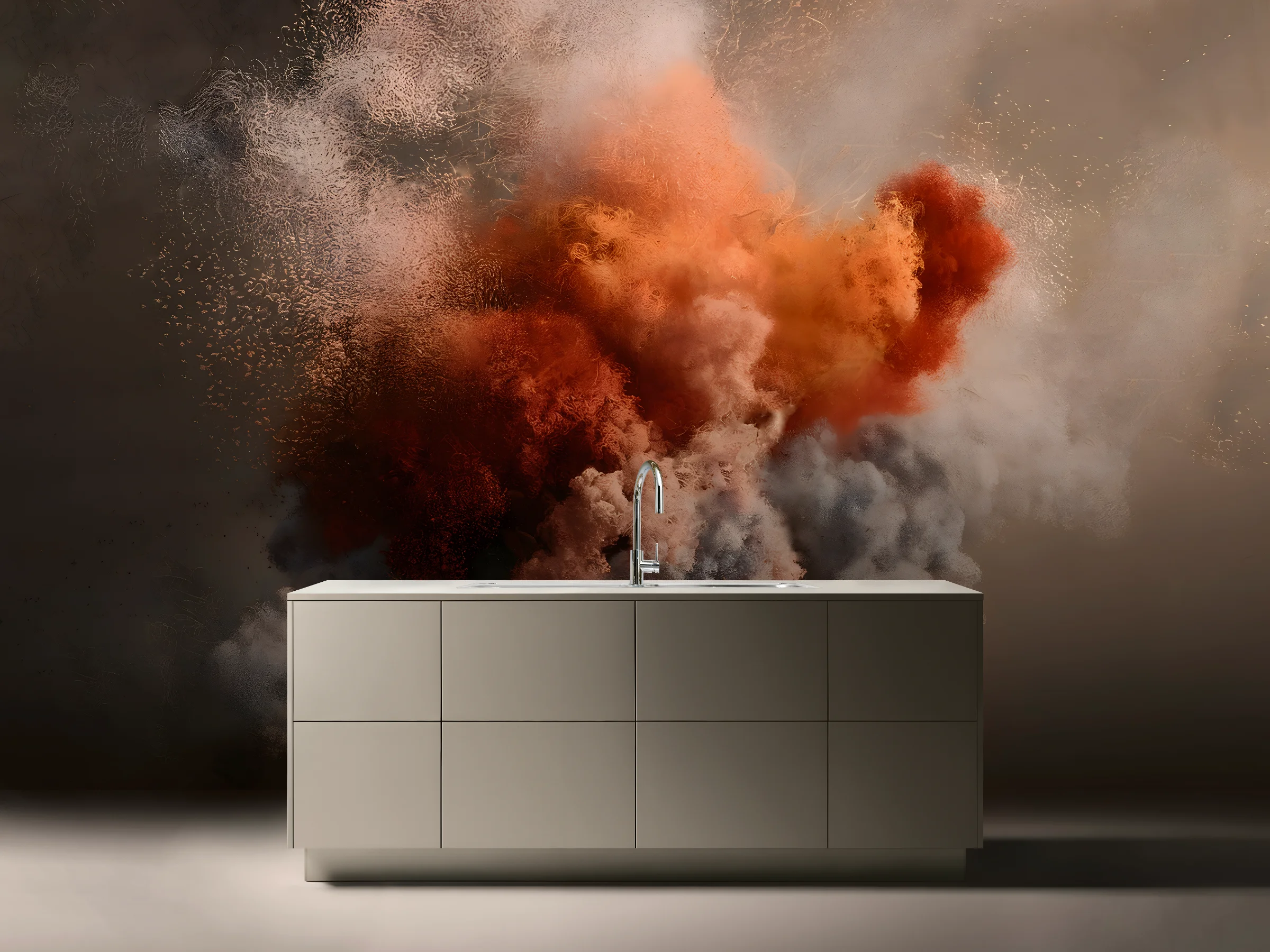 Eine moderne Küche von Nolte Küchen vor einer dramatischen Farbexplosion im Hintergrund.