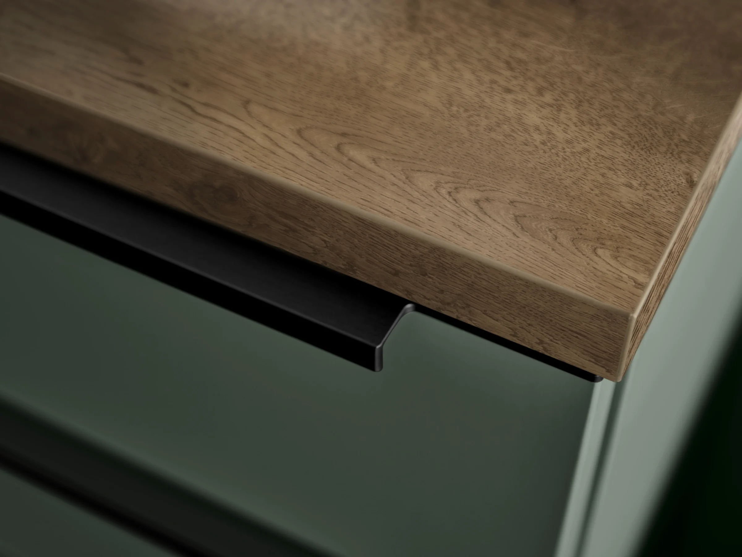 Eine Küchentheke mit Holzoberfläche und grünem Unterschrank, Nolte Küchen.