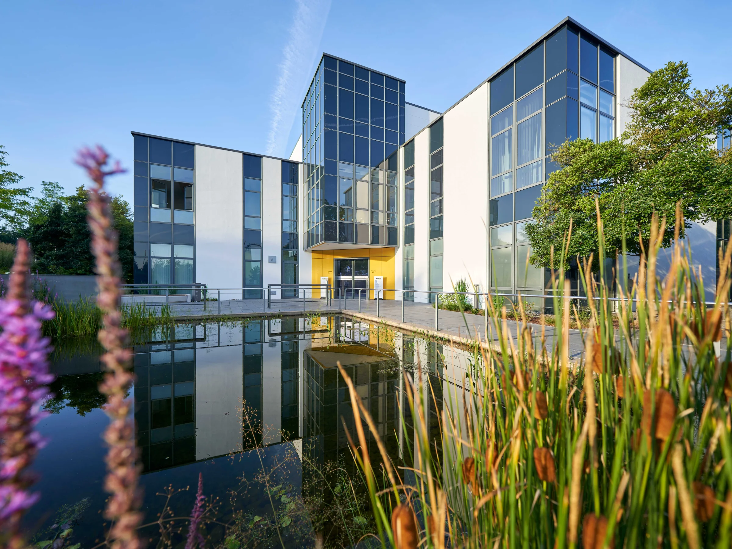 Ein modernes Gebäude spiegelt sich in einem Teich, umgeben von Pflanzen; Nolte Küchen.