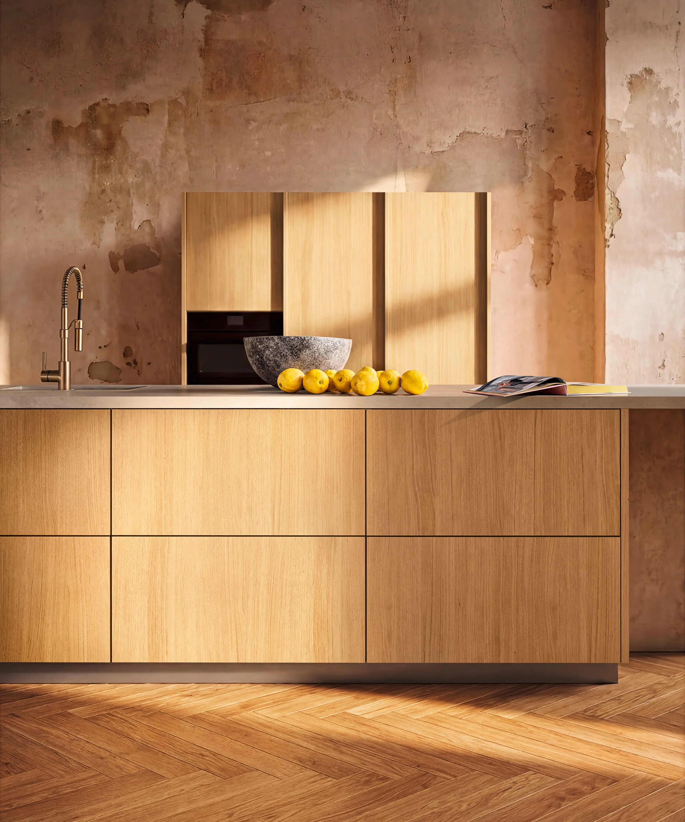 Eine moderne Küche mit Holzfronten und einer Obstschale, Nolte Küchen.