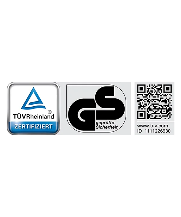 Ein TÜV Rheinland und GS-geprüftes Sicherheitssiegel mit QR-Code.
