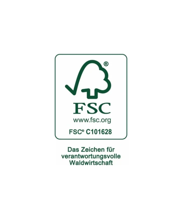 Ein FSC-Logo zeigt das Engagement für verantwortungsvolle Waldwirtschaft.
