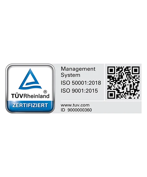 Ein TÜV Rheinland Zertifikat zeigt die ISO-Zertifizierungen 50001:2018 und 9001:2015.